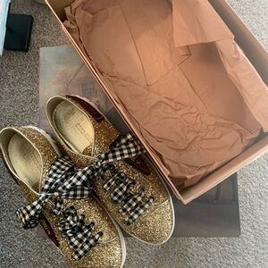 MIU MIU - “AUTHENTIC” Gold Glitter Sneakers with Checkered Laces